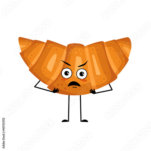 Cute croissant character with angry emotions, grumpy face, furious eyes, arms and legs. Annoyed baking person, bun with disgruntled expression. Vector flat illustration