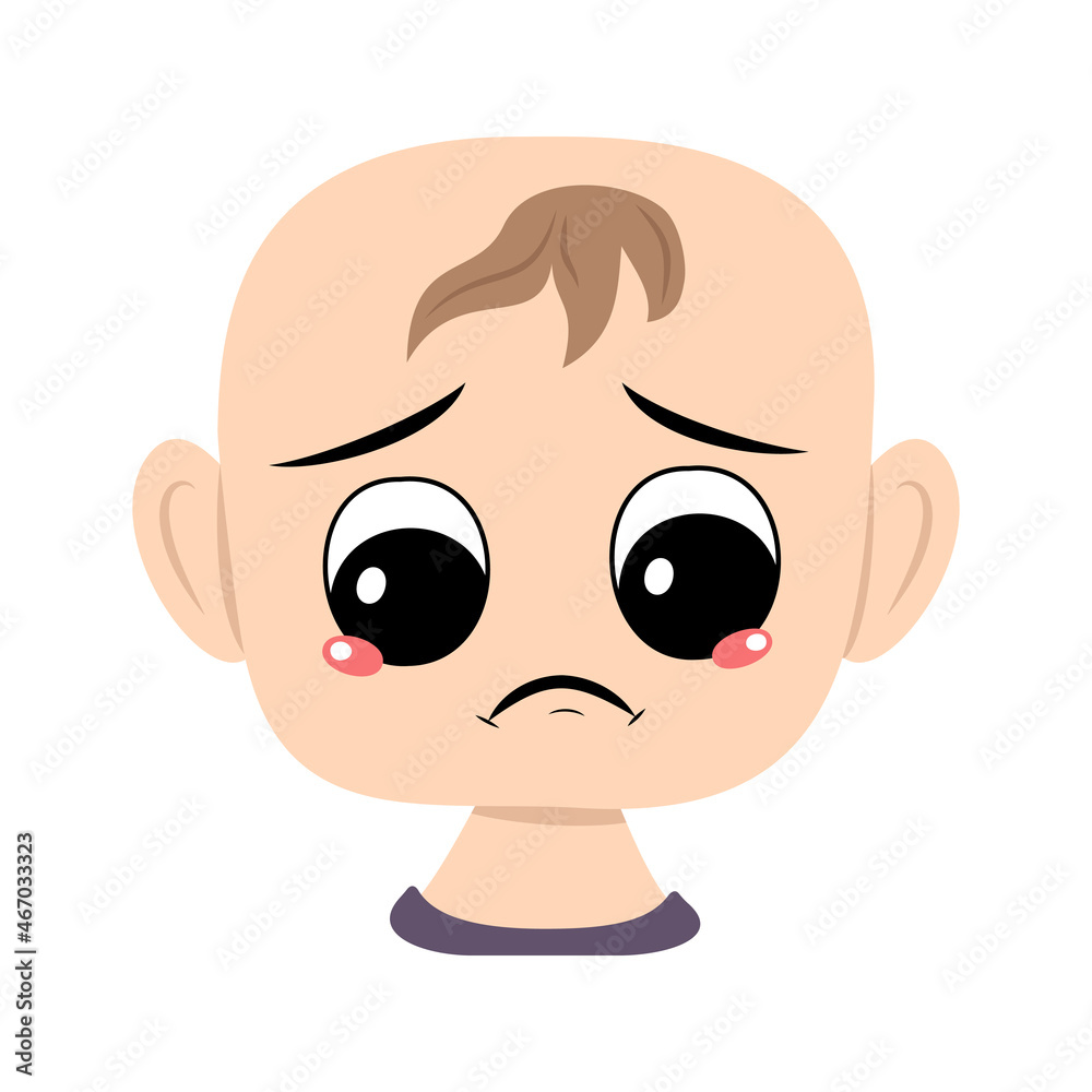 Child with sad emotions, depressed face, down eyes. Head of cute baby with melancholy expression Child with sad emotions, depressed face, down eyes. Head of cute baby with melancholy expression