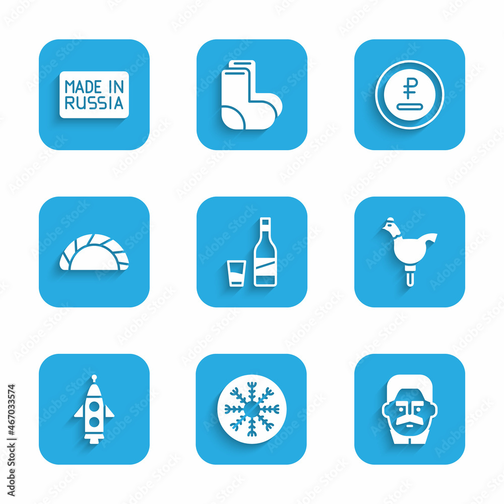 Set Bottle of vodka with glass, Snowflake, Joseph Stalin, Cockerel lollipop, Rocket ship, Dumpling, Rouble, ruble currency and Made Russia icon. Vector Set Bottle of vodka with glass, Snowflake, Joseph Stalin, Cockerel lollipop, Rocket ship, Dumpling, Rouble, ruble currency and Made Russia icon. Vector