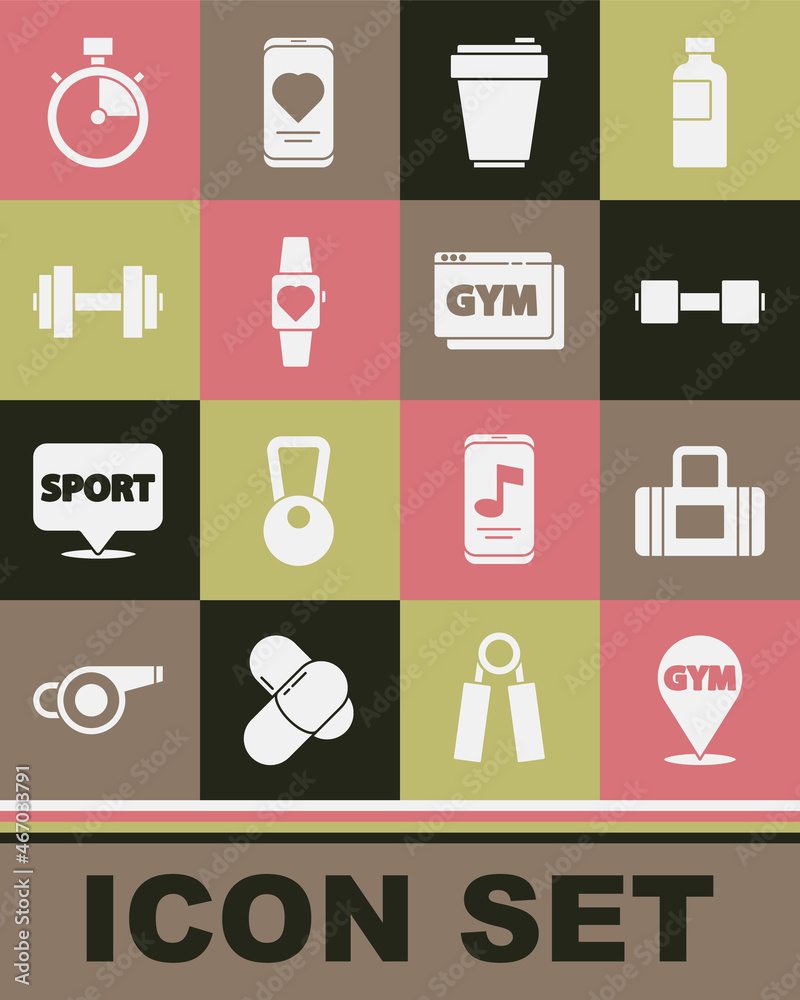 Set Location gym, Sport bag, Dumbbell, Fitness shaker, Smartwatch, Stopwatch and Online fitness and training icon. Vector Set Location gym, Sport bag, Dumbbell, Fitness shaker, Smartwatch, Stopwatch and Online fitness and training icon. Vector