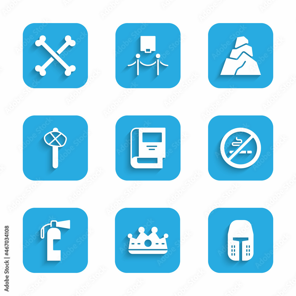 Set History book, King crown, Medieval iron helmet, No Smoking, Fire extinguisher, Stone age hammer, Rock stones and Crossed human bones icon. Vector Set History book, King crown, Medieval iron helmet, No Smoking, Fire extinguisher, Stone age hammer, Rock stones and Crossed human bones icon. Vector