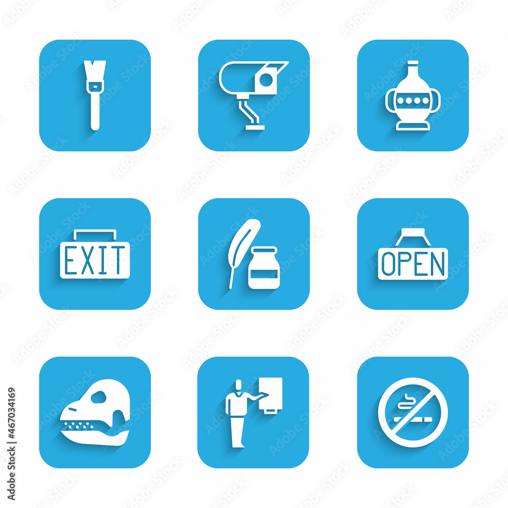 Set Feather and inkwell, Museum guide, No Smoking, Hanging sign with Open, Dinosaur skull, Exit, Ancient amphorae and Paint brush icon. Vector Set Feather and inkwell, Museum guide, No Smoking, Hanging sign with Open, Dinosaur skull, Exit, Ancient amphorae and Paint brush icon. Vector
