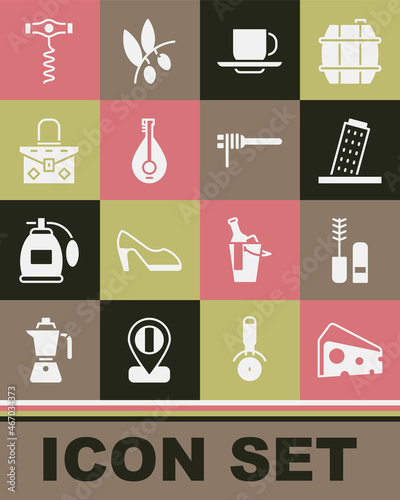 Set Cheese, Mascara brush, Tower in Pisa, Coffee cup, Mandolin, Handbag, Wine corkscrew and Pasta spaghetti icon. Vector