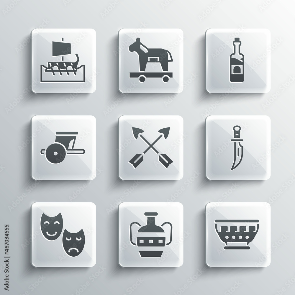 Set Ancient amphorae, Greek ancient bowl, Dagger, Crossed arrows, Comedy and tragedy masks, chariot, trireme and Bottle of wine icon. Vector Set Ancient amphorae, Greek ancient bowl, Dagger, Crossed arrows, Comedy and tragedy masks, chariot, trireme and Bottle of wine icon. Vector