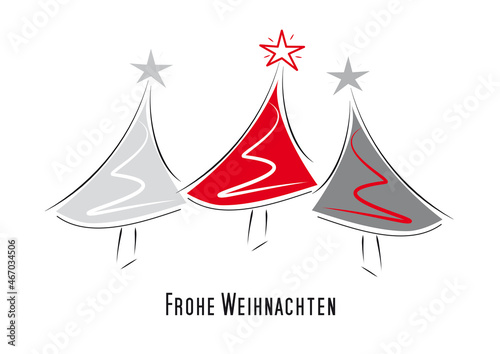 drei moderne tannenbäume in den farben grau und rot