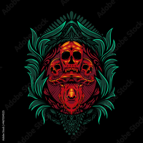 illustration of a skull and buffalo head on an ornament on a black background