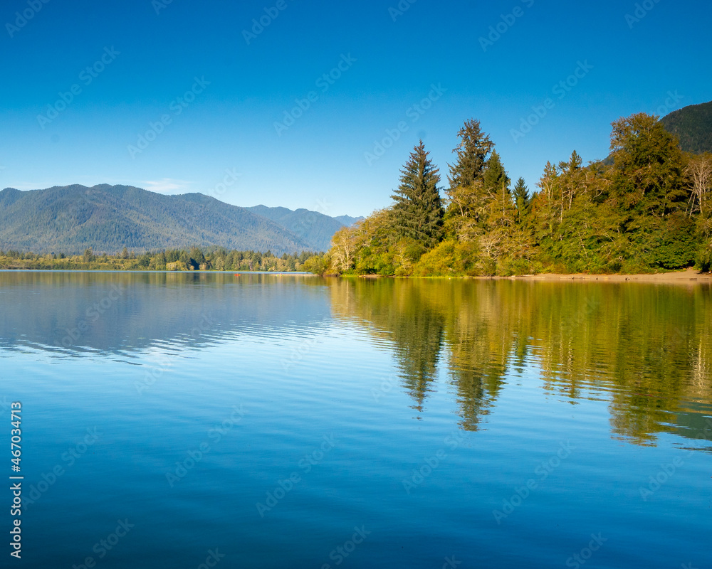 Quinault, WA - USA -Sept. 21, 2021: Horizontal view of Lake Quinault in Olympic National Park.