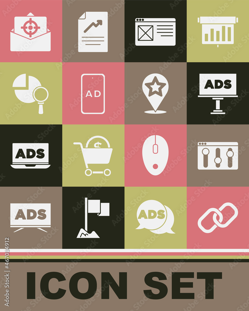 Set Chain link, Browser setting, Advertising, window, Magnifying glass and analysis, Mail e-mail and Map pointer with star icon. Vector