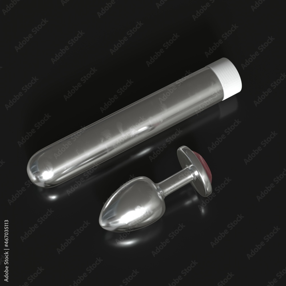 Steel vibrator and anal plug. Sex toys on dark background. Masturbating adult toy Steel vibrator and anal plug. Sex toys on dark background. Masturbating adult toy