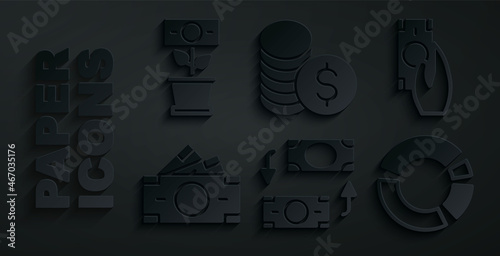 Set Money exchange, Fast payments, Stacks paper money cash, Pie chart infographic, Coin with dollar and plant the pot icon. Vector