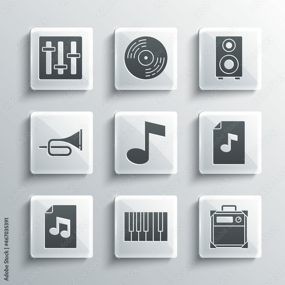 Set Grand piano, Guitar amplifier, Music book with note, note, tone, Trumpet, Sound mixer controller and Stereo speaker icon. Vector