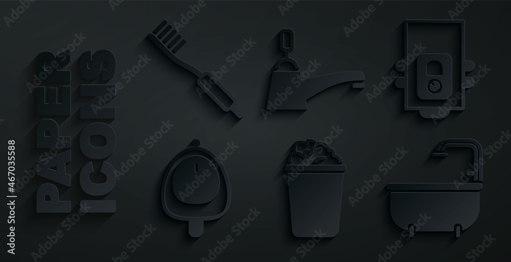 Set Bucket with soap suds, Gas boiler, Toilet urinal or pissoir, Bathtub, Water tap and Toothbrush icon. Vector Set Bucket with soap suds, Gas boiler, Toilet urinal or pissoir, Bathtub, Water tap and Toothbrush icon. Vector