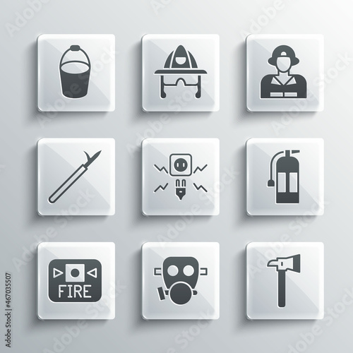 Set Gas mask, Firefighter axe, extinguisher, Electricity spark, alarm system, Metal pike pole, bucket and icon. Vector