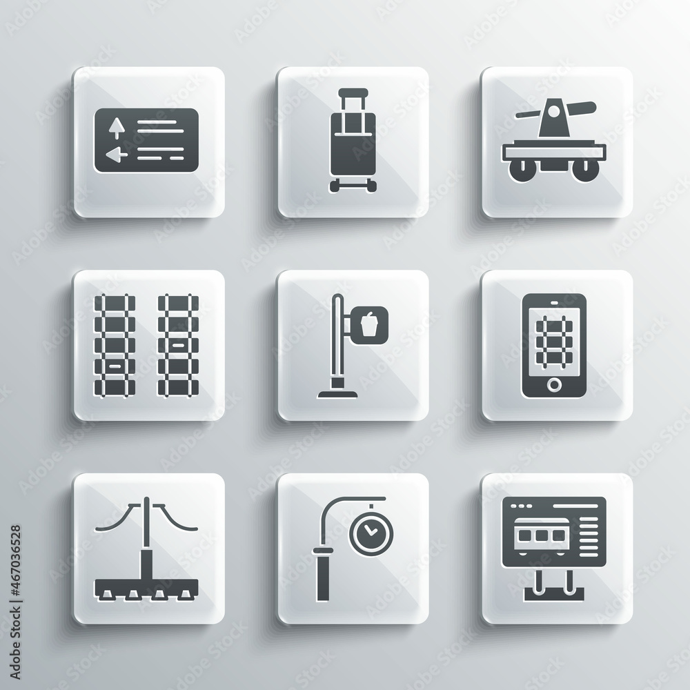 Set Train station clock, Ticket office to buy tickets, Buy train online, Cafe and restaurant location, Railway, Railway, railroad track, Road traffic signpost and Draisine or handcar icon. Vector Set Train station clock, Ticket office to buy tickets, Buy train online, Cafe and restaurant location, Railway, Railway, railroad track, Road traffic signpost and Draisine or handcar icon. Vector