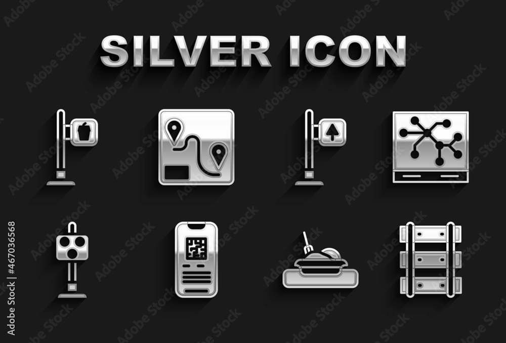 Set E-ticket train, Railway map, Railway, railroad track, Plate with food, Train traffic light, Road signpost, Cafe and restaurant location and Route icon. Vector Set E-ticket train, Railway map, Railway, railroad track, Plate with food, Train traffic light, Road signpost, Cafe and restaurant location and Route icon. Vector