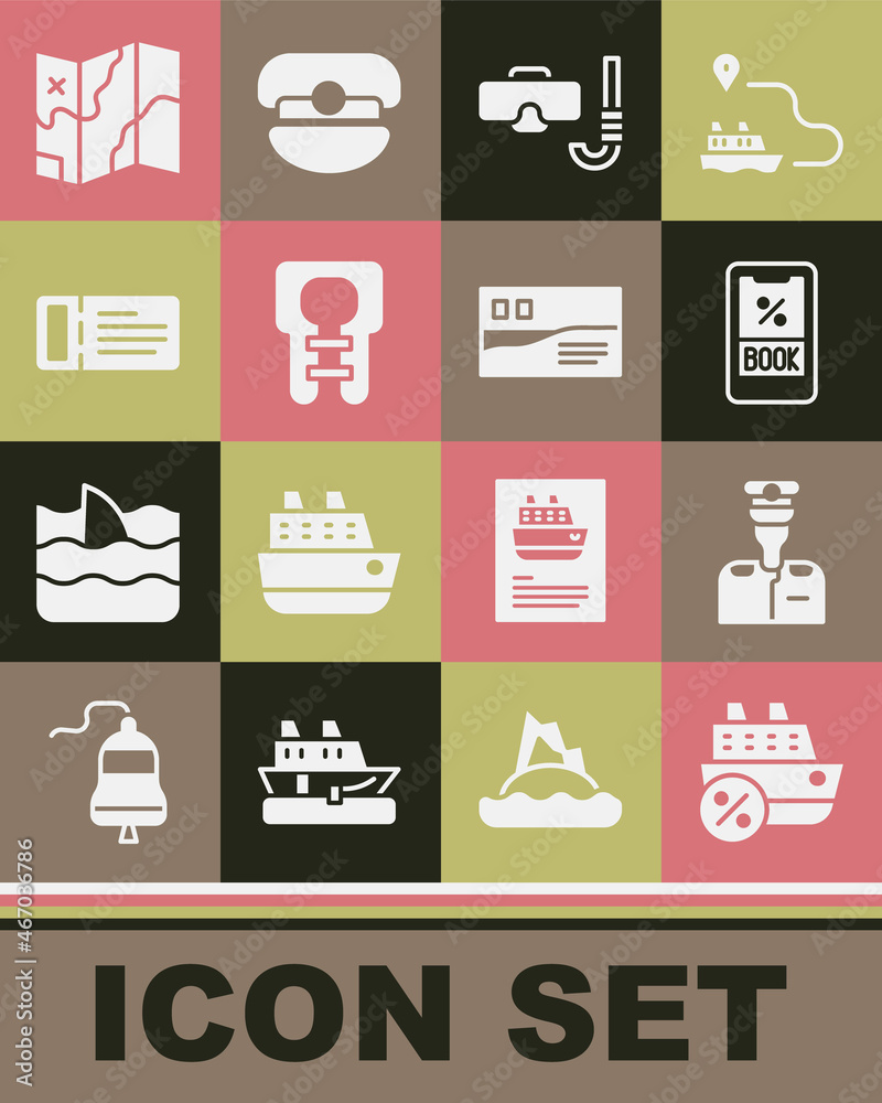 Set Cruise ship, Captain of, ticket, Diving mask and snorkel, Life jacket, Folded map and Postcard travel icon. Vector Set Cruise ship, Captain of, ticket, Diving mask and snorkel, Life jacket, Folded map and Postcard travel icon. Vector