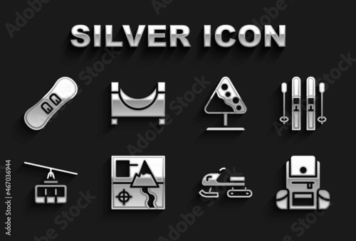Set Folded map, Ski and sticks, Hiking backpack, Snowmobile, Cable car, Road sign avalanches, Snowboard and Skate park icon. Vector