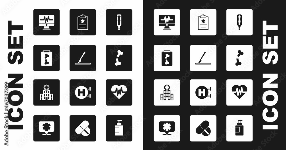 Set Medical thermometer, surgery scalpel, X-ray shots, Monitor with cardiogram, Human broken bone, Clinical record, Heart rate and hospital building icon. Vector Set Medical thermometer, surgery scalpel, X-ray shots, Monitor with cardiogram, Human broken bone, Clinical record, Heart rate and hospital building icon. Vector