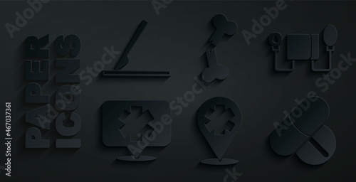Set Location with cross hospital, Blood pressure, Medical symbol of the Emergency, Medicine pill or tablet, Human broken bone and surgery scalpel icon. Vector