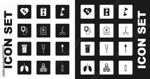 Set Human broken bone, Clinical record, IV bag, Healed heart, Medical scissors, X-ray shots, Sperm and Medicine bottle and pills icon. Vector
