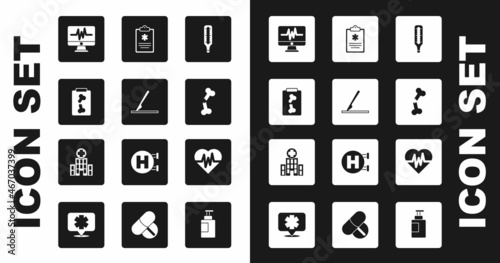 Set Medical thermometer, surgery scalpel, X-ray shots, Monitor with cardiogram, Human broken bone, Clinical record, Heart rate and hospital building icon. Vector
