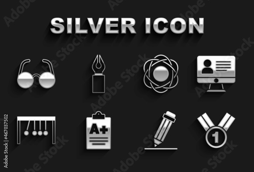 Set Exam sheet with A plus grade, Online class, Medal, Pencil eraser, Pendulum, Atom, Glasses and Fountain pen nib icon. Vector