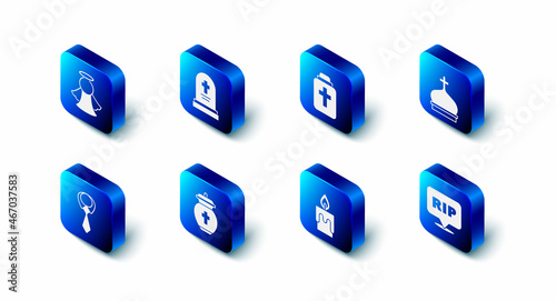 Set Grave with tombstone, Funeral urn, Church tower, Speech bubble rip death, Burning candle, Tie and Angel icon. Vector