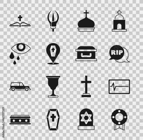 Set Memorial wreath, Beat dead in monitor, Speech bubble rip death, Church tower, Coffin with cross, Tear cry eye, Holy bible book and icon. Vector