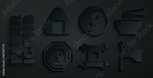 Set Decree, paper, parchment, scroll, Asian noodles in bowl, Yin Yang, China flag on flagpole, and Sushi icon. Vector