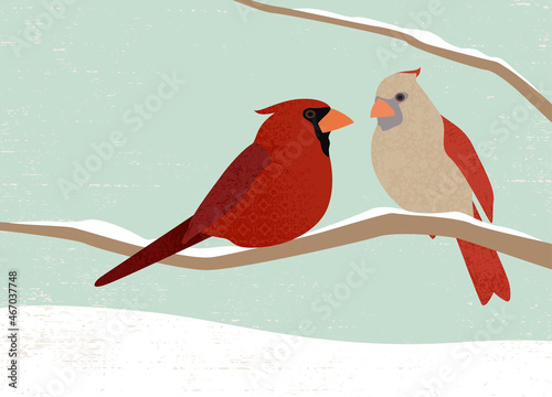 A male and female cardinal on a snowy branch in a cut paper style with textures
