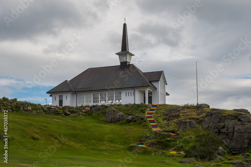 Church of town of Holmavik in Strandir in the Icelandic countryside photo