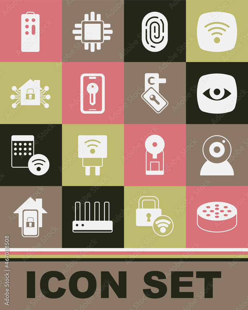 Set Water sensor, Web camera, Security, Fingerprint, Smart key, home, Remote control and Digital door lock icon. Vector
