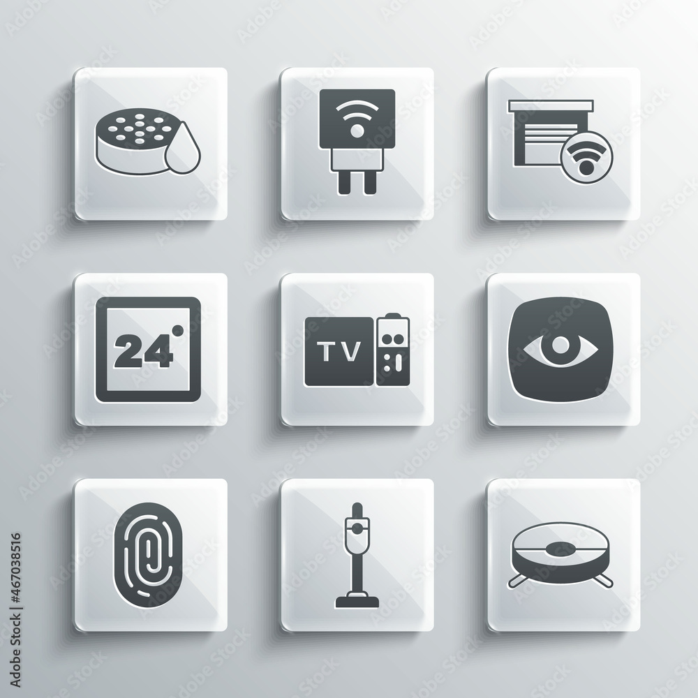 Set Vacuum cleaner, Robot vacuum, Security camera, Multimedia and TV box receiver, Fingerprint, Thermostat, Water sensor and Smart garage icon. Vector Set Vacuum cleaner, Robot vacuum, Security camera, Multimedia and TV box receiver, Fingerprint, Thermostat, Water sensor and Smart garage icon. Vector
