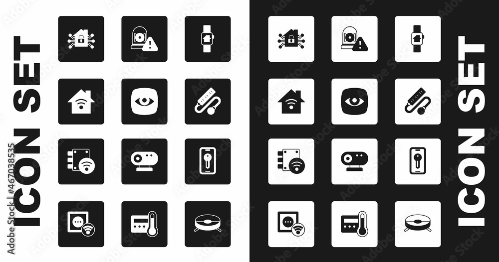 Set Smart home with smart watch, Security camera, wi-fi, Electric extension cord, Ringing alarm bell, key and Digital door lock icon. Vector