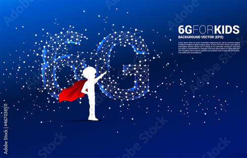 Silhouette of kid in superhero suit with Polygon dot connect line shaped 6G mobile network. Concept for mobile phone data technology.