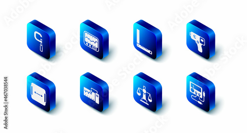Set Measuring instrument, Corner ruler, Digital thermometer, Multimeter, voltmeter, Scales of justice, Area measurement and Micrometer icon. Vector