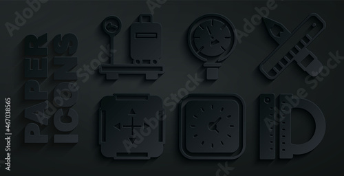 Set Clock, Crossed ruler and pencil, Area measurement, Protractor, Pressure water meter and Scale with suitcase icon. Vector