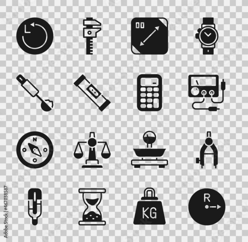 Set Radius, Drawing compass, Multimeter, voltmeter, Diagonal measuring, Construction bubble level, Measuring spoon, and Calculator icon. Vector