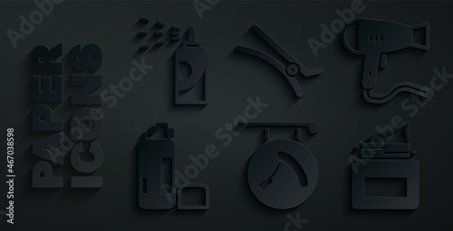 Set Barbershop with razor, Hair dryer, Shaving gel foam, Cream cosmetic jar, clip and Spray can for hairspray icon. Vector