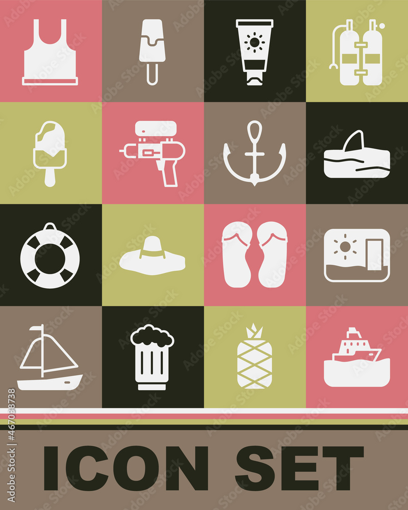 Set Cruise ship, Travel postcard, Shark fin in ocean wave, Sunscreen cream tube, Water gun, Ice, Sleeveless T-shirt and Anchor icon. Vector Set Cruise ship, Travel postcard, Shark fin in ocean wave, Sunscreen cream tube, Water gun, Ice, Sleeveless T-shirt and Anchor icon. Vector