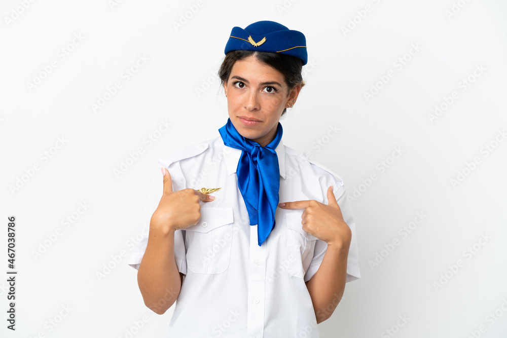Airplane stewardess caucasian woman isolated on white background with surprise facial expression Airplane stewardess caucasian woman isolated on white background with surprise facial expression