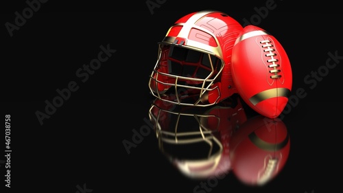 American football Gold-Red helmet and Gold-Red Ball under black laser lighting. 3D illustration. 3D CG. 3D high quality rendering.