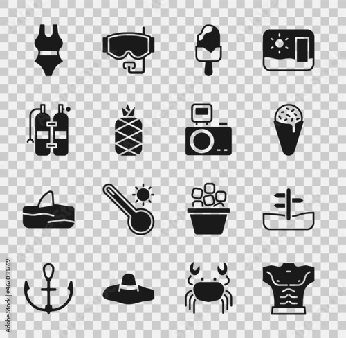 Set Bodybuilder muscle, Road traffic sign, Ice cream in waffle cone, Pineapple, Aqualung, Swimsuit and Photo camera with flash icon. Vector