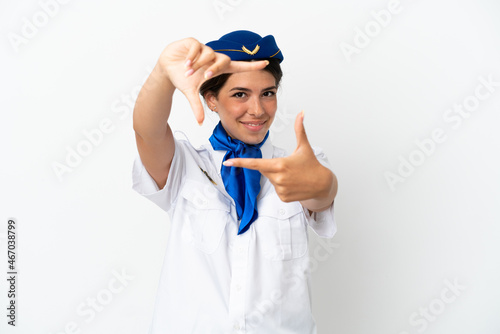 Airplane stewardess caucasian woman isolated on white background focusing face. Framing symbol