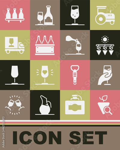 Set Grapes, Wine tasting, degustation, Drying grapes, glass, Bottles of wine box, truck, and icon. Vector