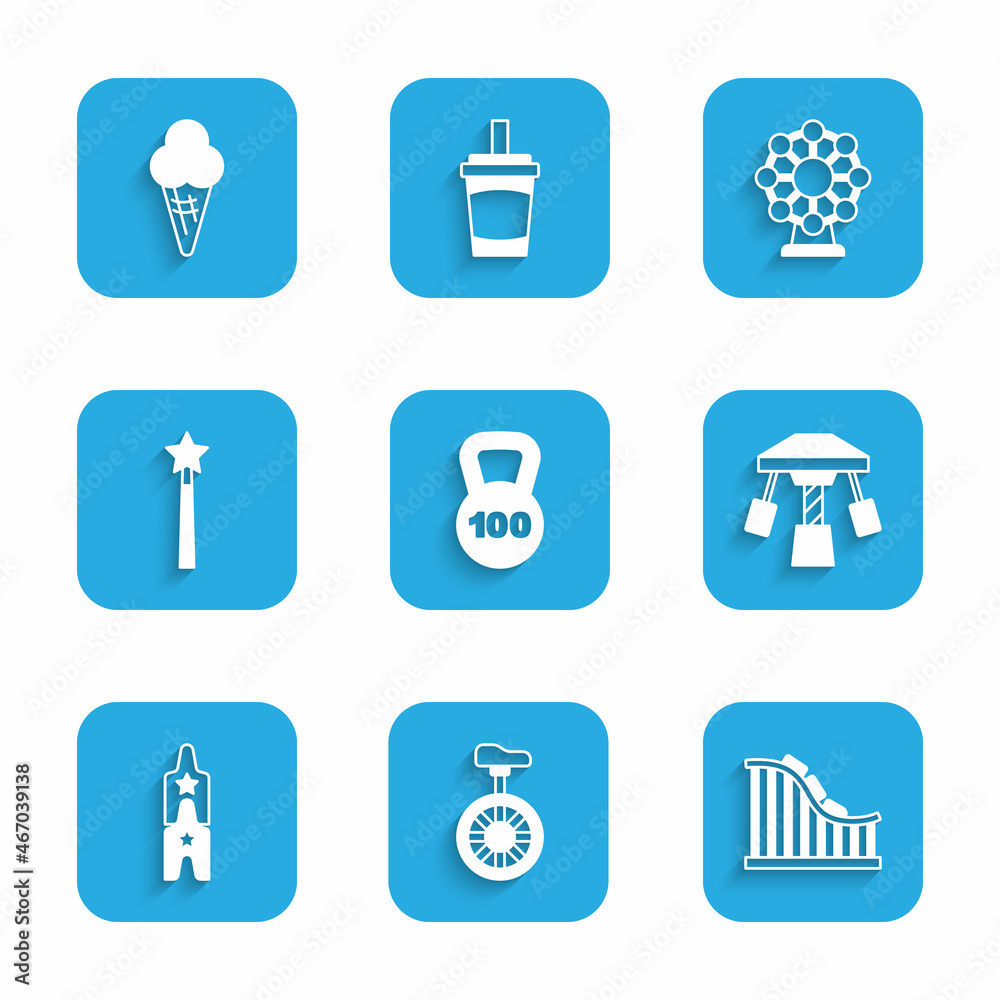Set Weight, Unicycle or one wheel bicycle, Roller coaster, Attraction carousel, Circus ticket, Magic wand, Ferris and Ice cream in waffle cone icon. Vector Set Weight, Unicycle or one wheel bicycle, Roller coaster, Attraction carousel, Circus ticket, Magic wand, Ferris and Ice cream in waffle cone icon. Vector