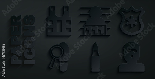 Set Bullet, Police badge, Footsteps, Thief mask, Suspect criminal and Bulletproof vest icon. Vector