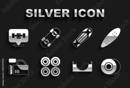 Set Skateboard wheel, Longboard or skateboard, park, Cinema camera, deck, and icon. Vector