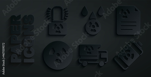 Set Truck with radiation materials, Radiation warning document, Radioactive, Nuclear energy battery, Acid rain and radioactive cloud and lamp icon. Vector