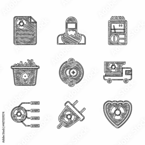 Set Atom, Radiation electrical plug, Radioactive in shield, Truck with radiation materials, Infectious waste, Dosimeter and warning document icon. Vector